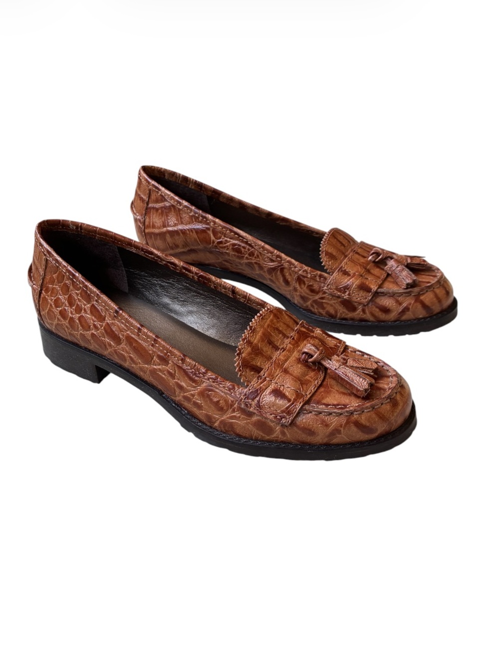 Talbots Women's Brown Croc Embossed Leather Tassel Loafers Size 7 AA